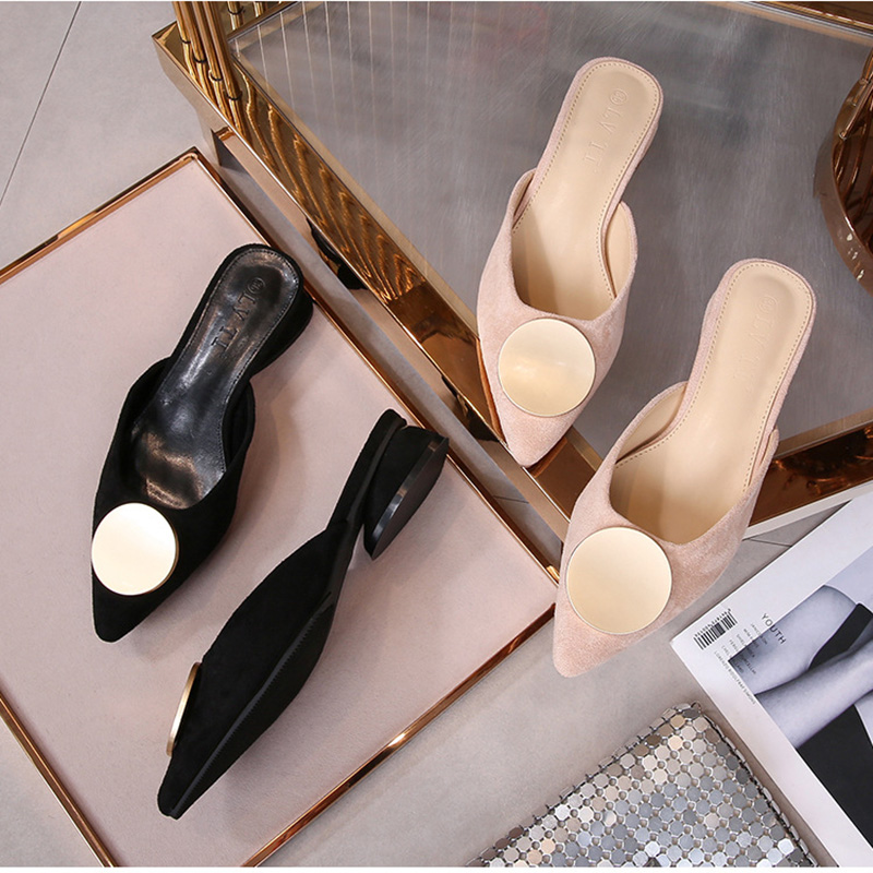 pointed toe socofy ck slippers women brand metal buckle slides mules solid chunky heel flipps ladies lazy shoes bi 2571
