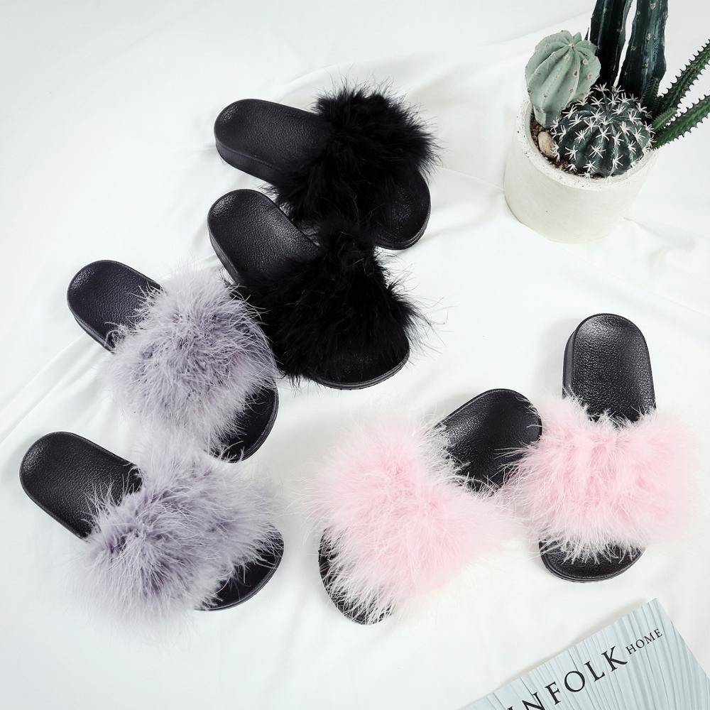 Chaussures à plumes à la mode Femmes Pure Furry Flipps Sandales Spring Automne Turquie Cheveux Plat Fourrure Fautes Natural Fluff Slift on B62C