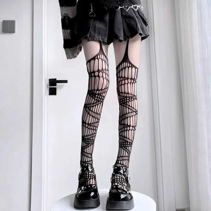 Socks Hosiery Gothic Bat Long Sexy Fishnet Stockings Women Harajuku Emo Alternative Mesh Bat Tights Lingerie Skin Thigh High Garters Hosiery Y240-image-1016376062