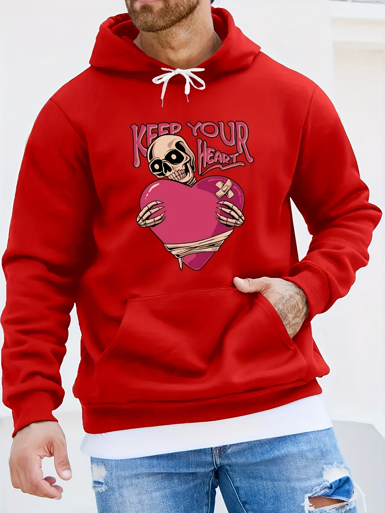 KEEP YOUR Designer HEART Pattern Print Hooded Sweatshirt, Comfy Hoodies Fashion Casual Tops For Spring Autumn, Men's Clo