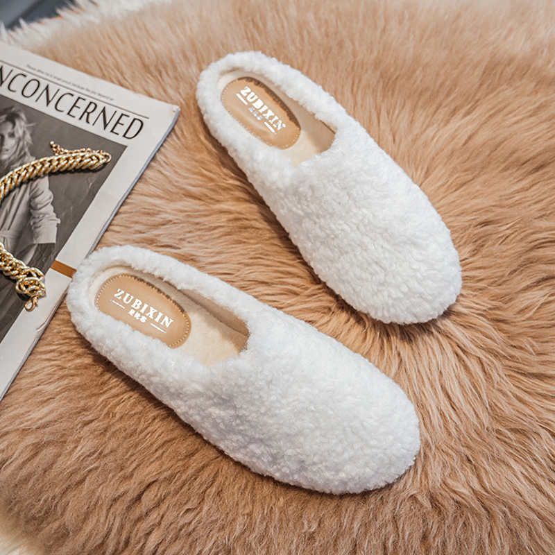 White Lambswool Slippers Women Winter Cotton Shoes Femme Warm Plush Slides Home Loafers Curly Sheep Fur Flats Mules Plus 4204