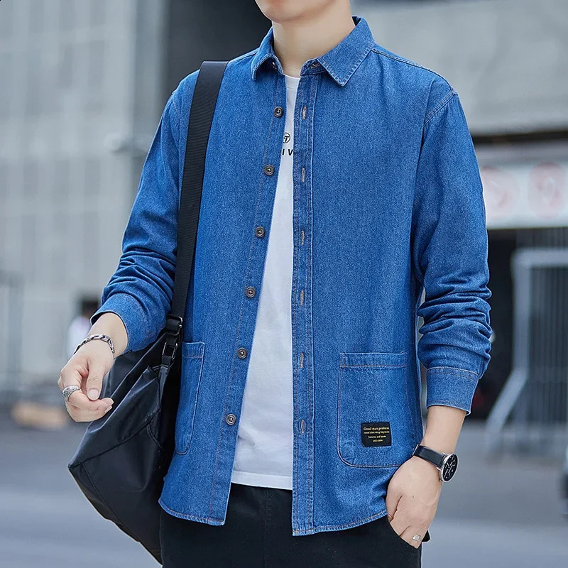 Spring Autumn Mens Long Sleeve Cotton Denim Shirt Hong Kong Style Casual Jacket All Cotton Material Square Collar 240902