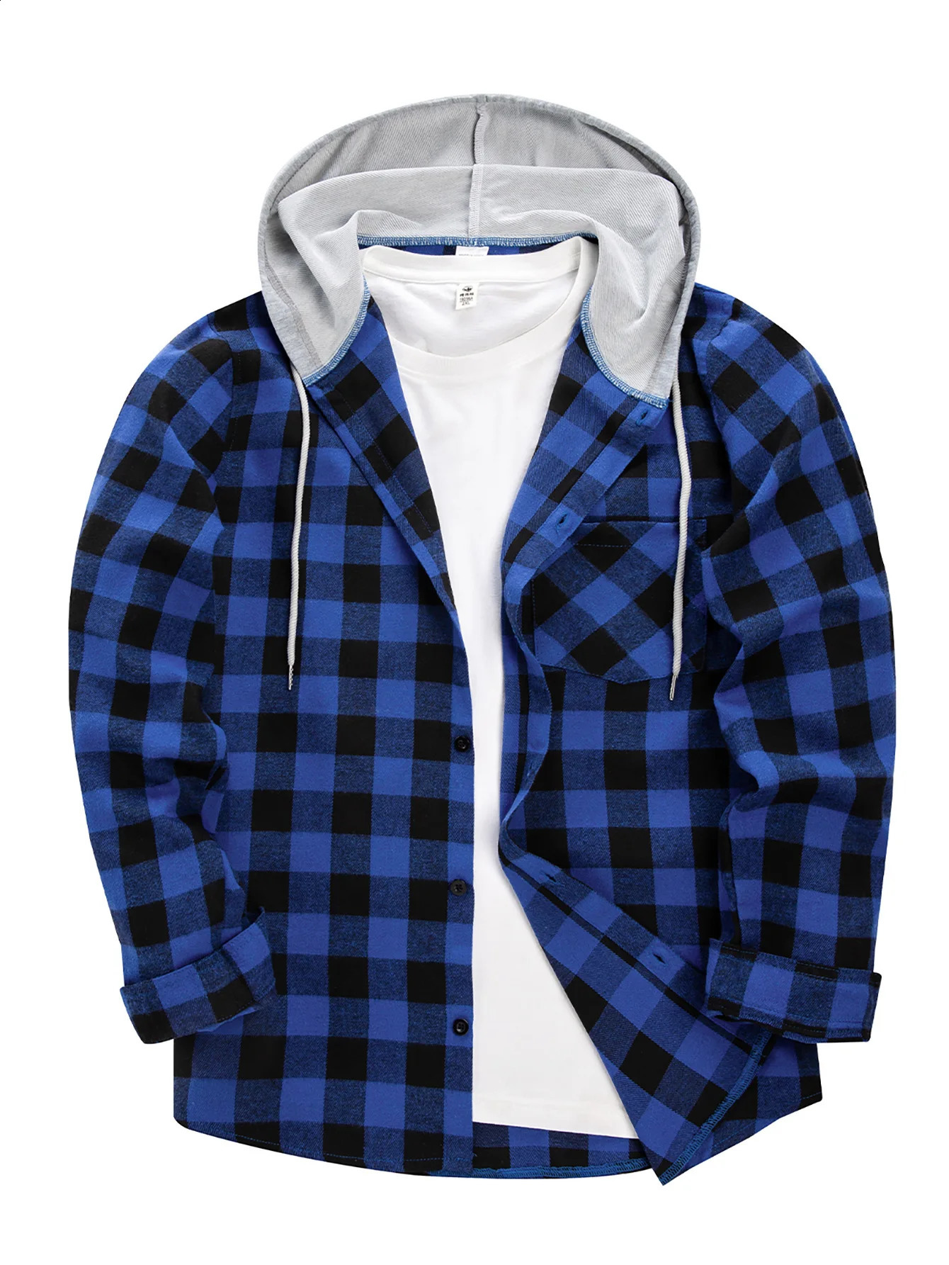 Large mens clothing Spring and Autumn item loose casual long sleeved hooded checkered shirt for men 240902
