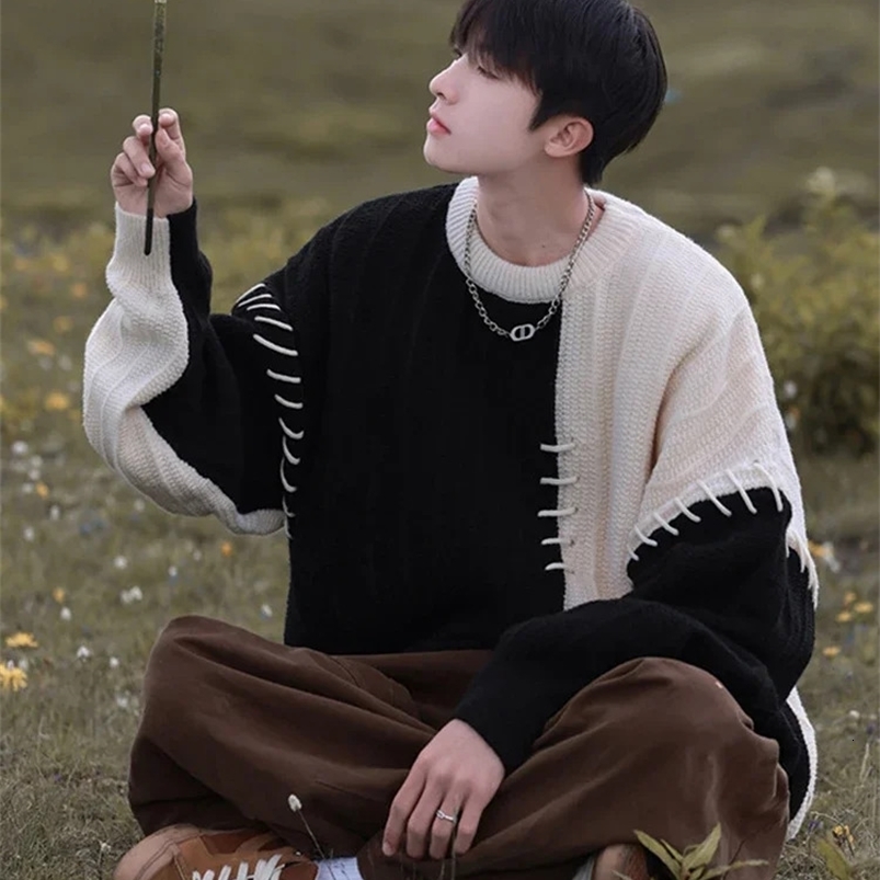 Knitted Sweater Men Pullover Oversize Sweaters Male Winter Harajuku Casual Streetwear Patchwork Autumn Hip Hop Spliced y240830