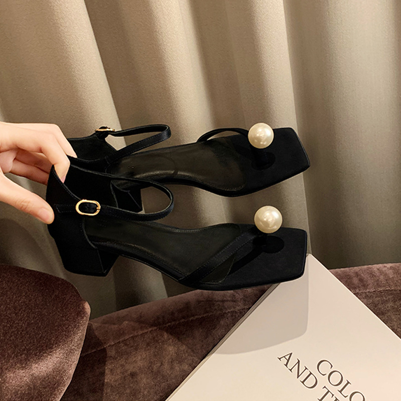 Big perle clip toe women sandals Med-High talons chaussures d'été en soie couvre le talon sandale bande étroite sangle Sandalias M F891