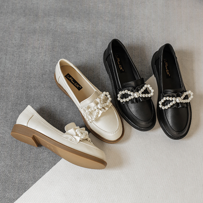 2025 String perle Bow-noue volant oxfords femme derby talons bas modes plates rond toe perle petites chaussures en cuir femme 1d53