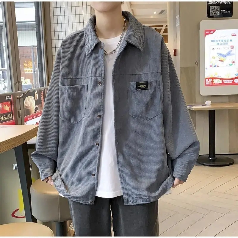 Spring Autumn Fashion Solid Color Corduroy POLO Collar Long Sleeve Blouse Mens Clothing ity Pockets Korean Shirts 240902
