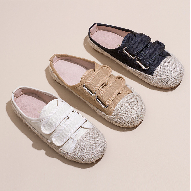 2025 Nouvelle pantoufles en toile d'été Femmes Toe Round Double Hasp Denim Mules Slides Femme Paille Semi-Traig Chaussures F 6D81