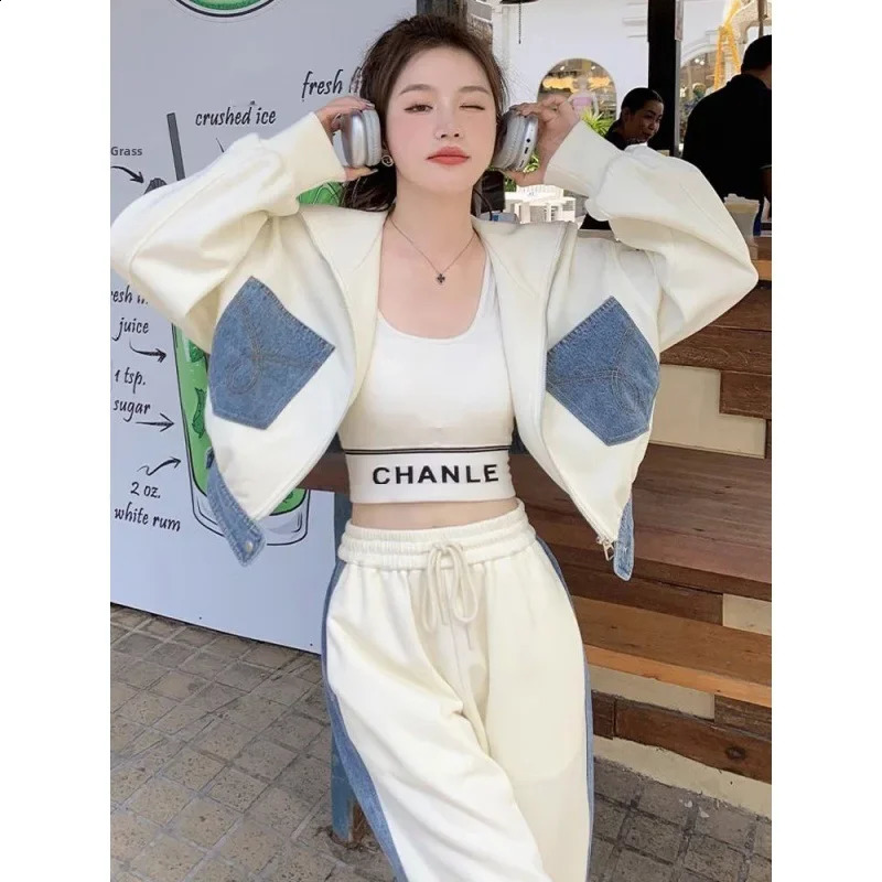 Plus size womens denim patch work sweater 2-piece set for spring and autumn weight loss color blocked cardigan wool sweater with a clock base 240