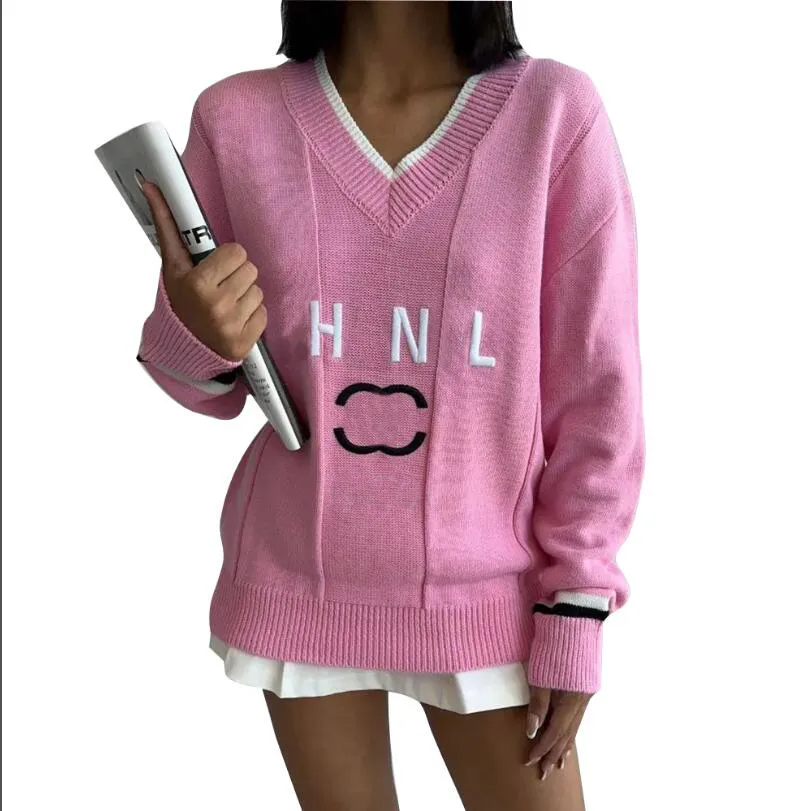 Winter New Embroidered Sweater Women's Color Blocked V-neck Knitted Pullover Designer Black Pink White Womens Cardigan Coat