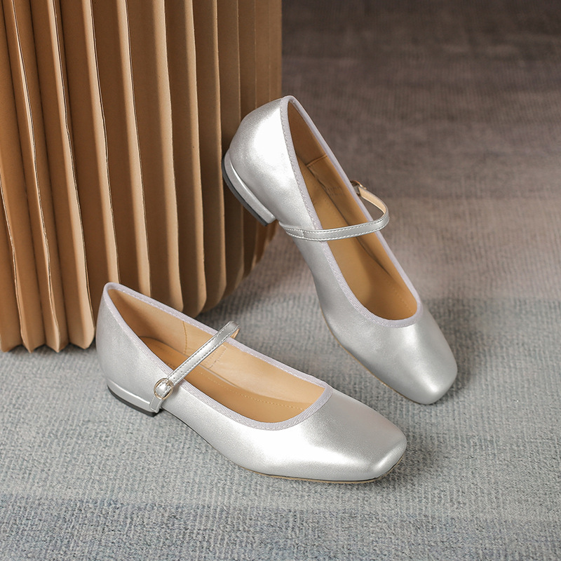 Mesdames élégant en cuir sier mary jane chaussures carrées toe cheville sangle métal boucle ballet plates femmes japonais slip on a6fd