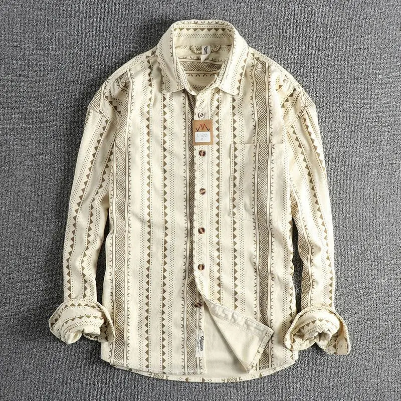 Spring Autumn Fashion Turn-down Collar Long Sleeve Printing Blouse Mens Clothing Vintage Button Loose Korean Trend Shirts 240902