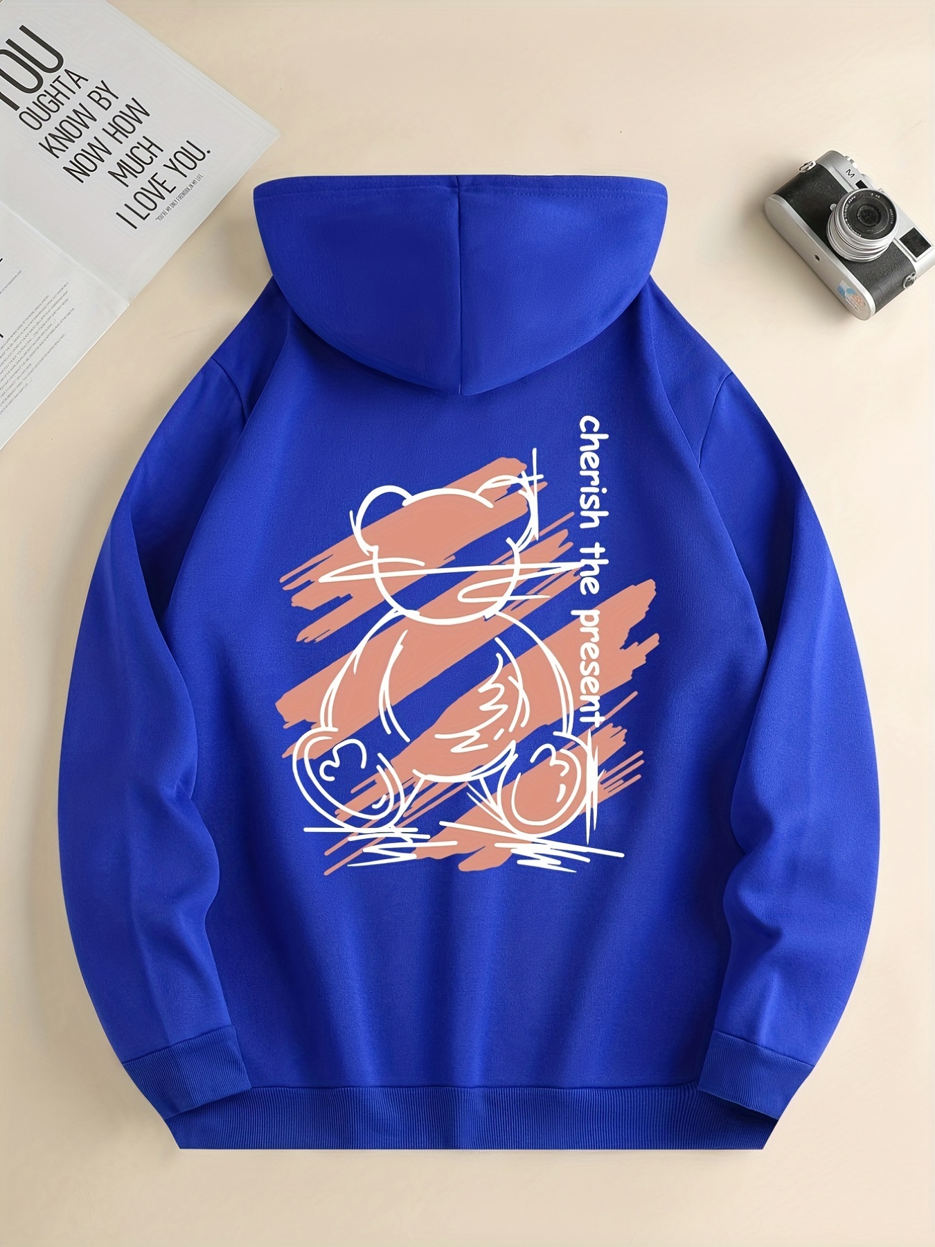 Trendy Bear Print, Designer Hoodies For Men, Graphic Sweatshirt With Pocket, Comfy Trendy Hooded Pullover, Mens Clothing For Fall W