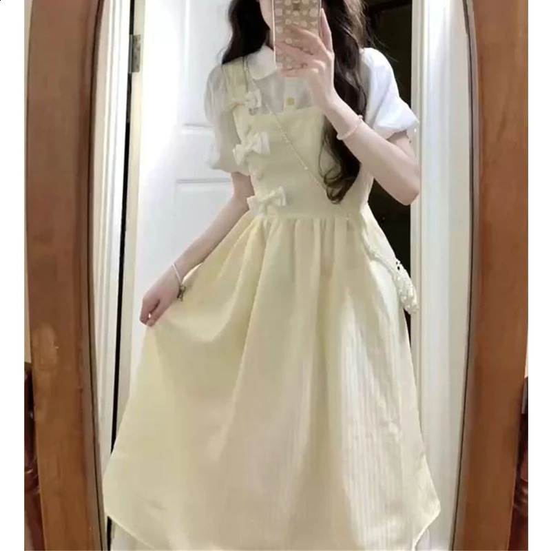 Womens summer clothing retro preparatory style patch work bow cute dress casual short sleeved ultra-thin fashionable fairy Midi dress 240902