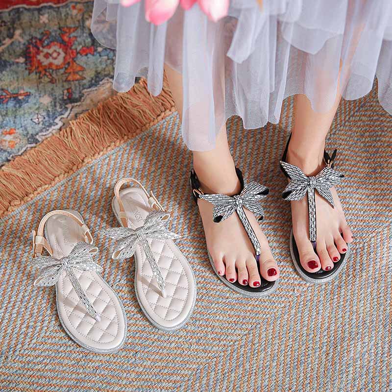 crystal bowtie jandal sandals women bohemian glitter ankle strap gladiator sandalias mujer 41-43 big size clear beach 4ee1