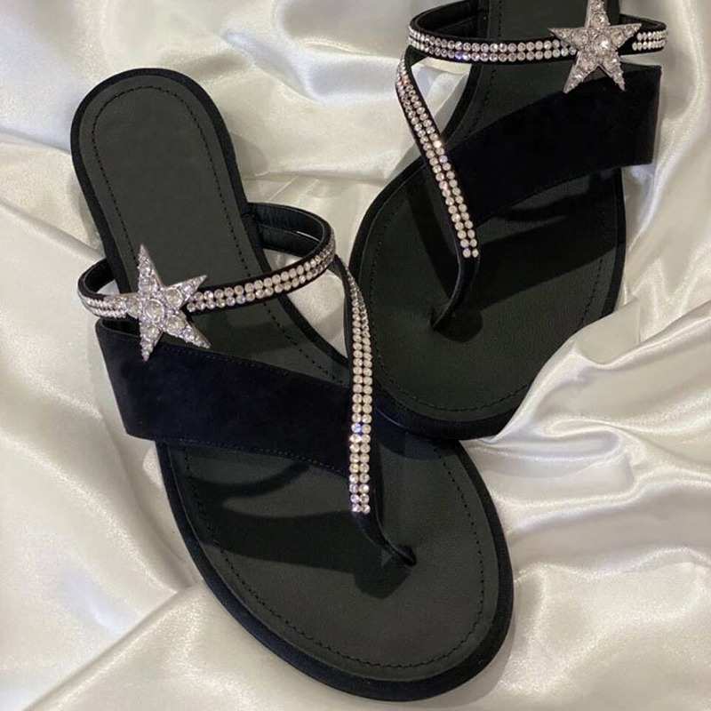 Brand Crystal Star Flipps Woman Veet Shoes Summer Clip Toe Sandals Femme Flat Low Heels Beach Slides Women Slipp 070c