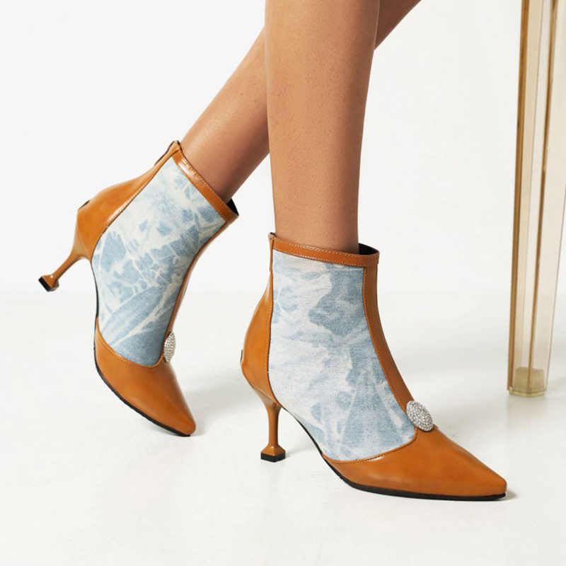 Denim Patchwork Boots cristals femmes 2025 Toe pointu à talons hauts minces Botas mixtes Couleur moderne Botte Fem 397E