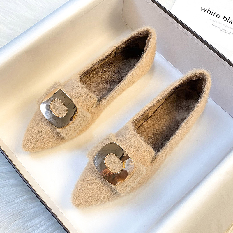 2025 Winter Mink Flats Women Plus Size 42/43 Shoes Brand Metal Plate Fleeces Loafers Femmes Cotton Fur Mocccasins Ba f841