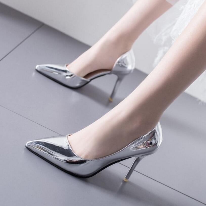 gold/sier wedding shoes woman japanned leather high heels 2019 new summer designer thin heel pumps banquet tacones m 6029