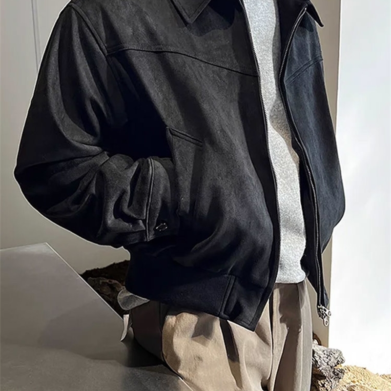 Mens solid suede short bomber jacket Y2k lapel zipper pocket mens windproof jacket high-quality Dali coat 240830