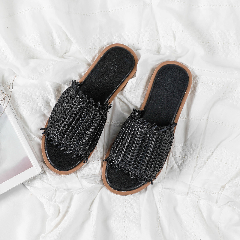 2019 korean summer solid weaving women slippers shoes tassel open toe flat girl slides handmade weave leather 6c30