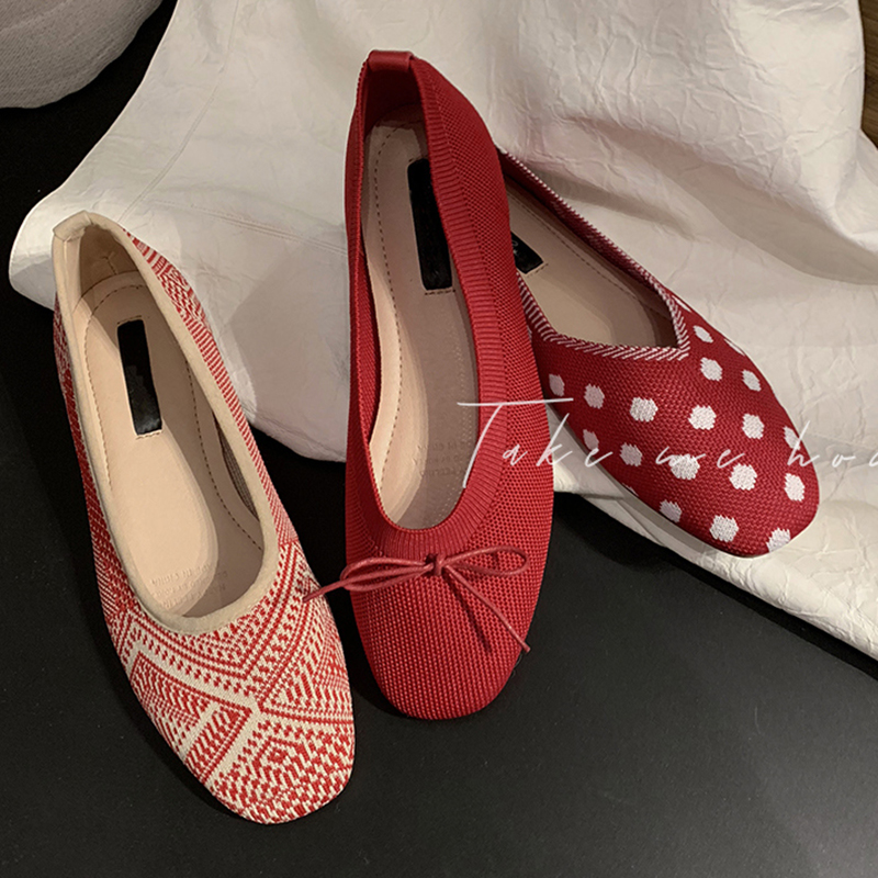 square toe shallow knitting 3 styles bow-knot/polka dot/ethnic ballet flats shoes casual lazy slip-on loafe 0cc6