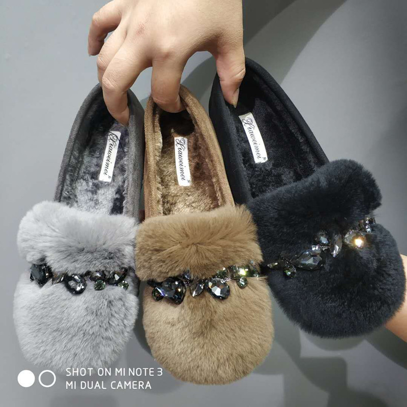 Korean Glitter creeper mujer fluffy fur crystal plush cotton pea boat shoe ladies cozy fashion soft sole moccasin winter e665