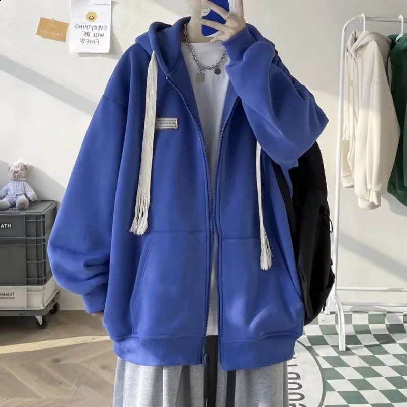Trendy American Style Cardigan Sweatshirt For Men Loose Fit Hooded Top For Couples Youth Casual Sport Zip-up Jacket 240902