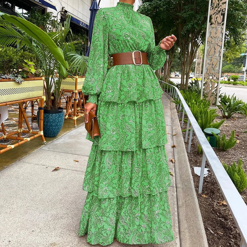 Femmes Elegant Long Lantern Lantern Sleeve Stand Up Collar Loose Long Jupe Y2K INS AUTOMNE LONGE BOHEMIAN ROBE BOHEMIEN 240902