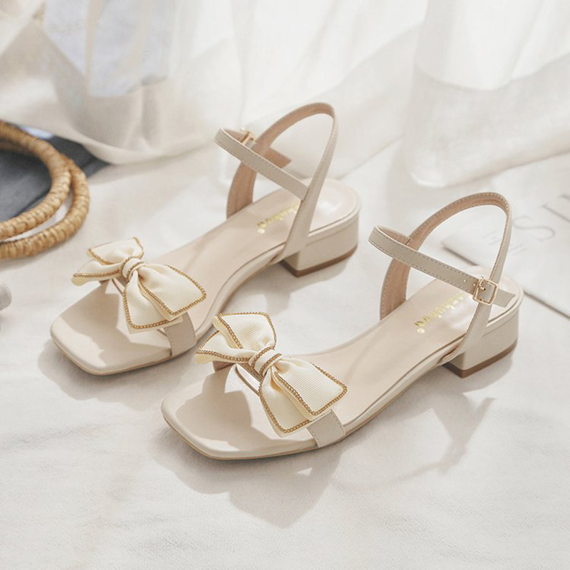 silk bowtie beige sandals women buckle strap low heel beach summer shoes single leather band metal chains decoration s 4002