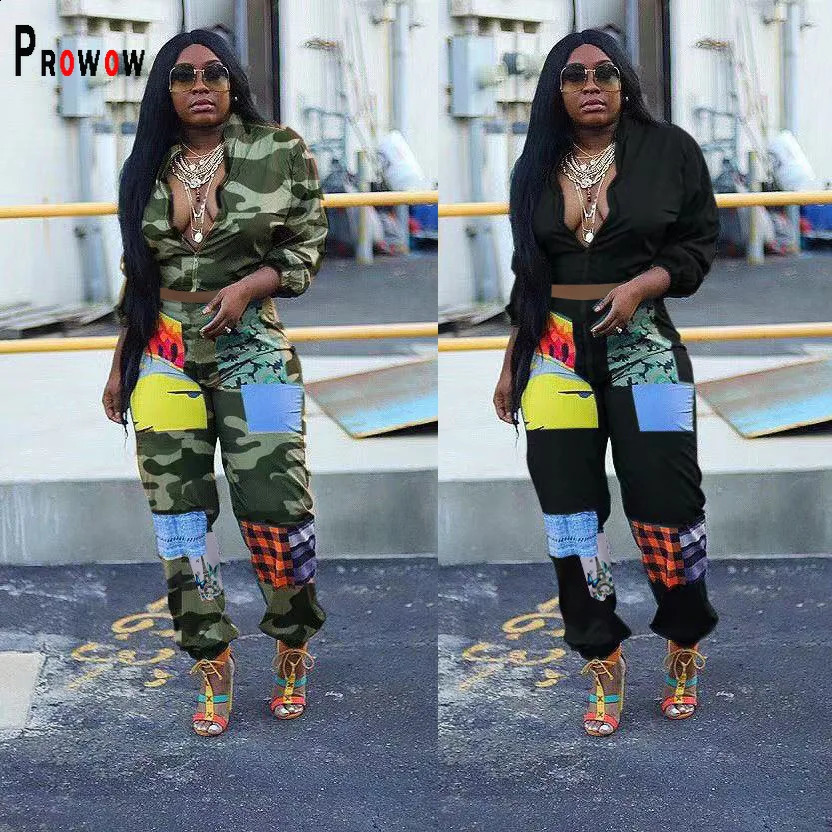Prowow Womens Track and Field Clothing Zipper Crop Coat Elastic Waist Pants Two piece Sports Clothing Camo Printed Autumn Womens Clothing Set 240