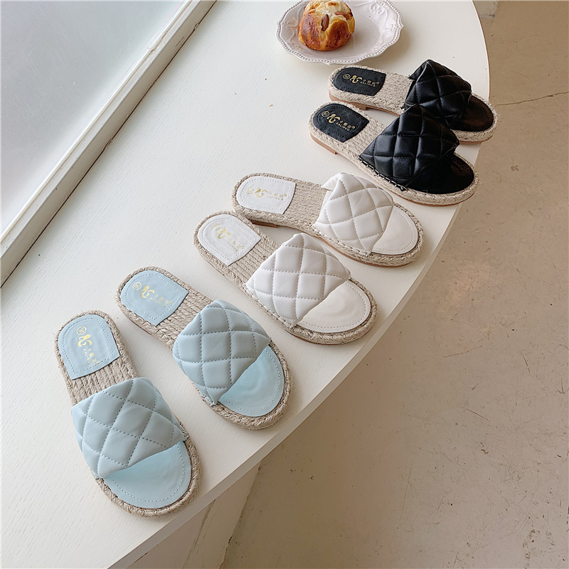 célèbre marque coudre plaid sandales femmes talon plat paille pantoufles de bassins à carreaux en cuir chariots chaussures femme plage s ba53