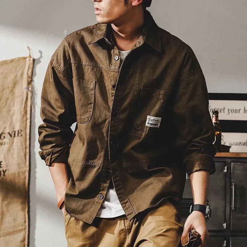 American heavy vintage men shirt Safari Style Long Sleeve Cotton Loose Mens Casual Shirts Spring Autumn High Quality Tops Male 240902