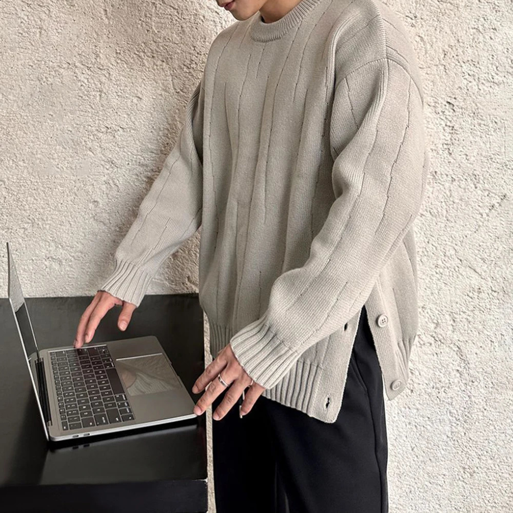Fashion Trendy Button Twist Solid Casual Knitted Sweater Round Neck Loose Warm Pullover Unisex Autumn Winter High Street 240902