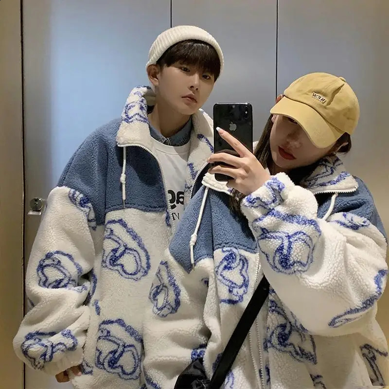 Winter Lambs Wool Cotton Coat Mens Loose Color Collision Cartoon Korean Version of The Couple Casual Standup Collar Jacket 240902