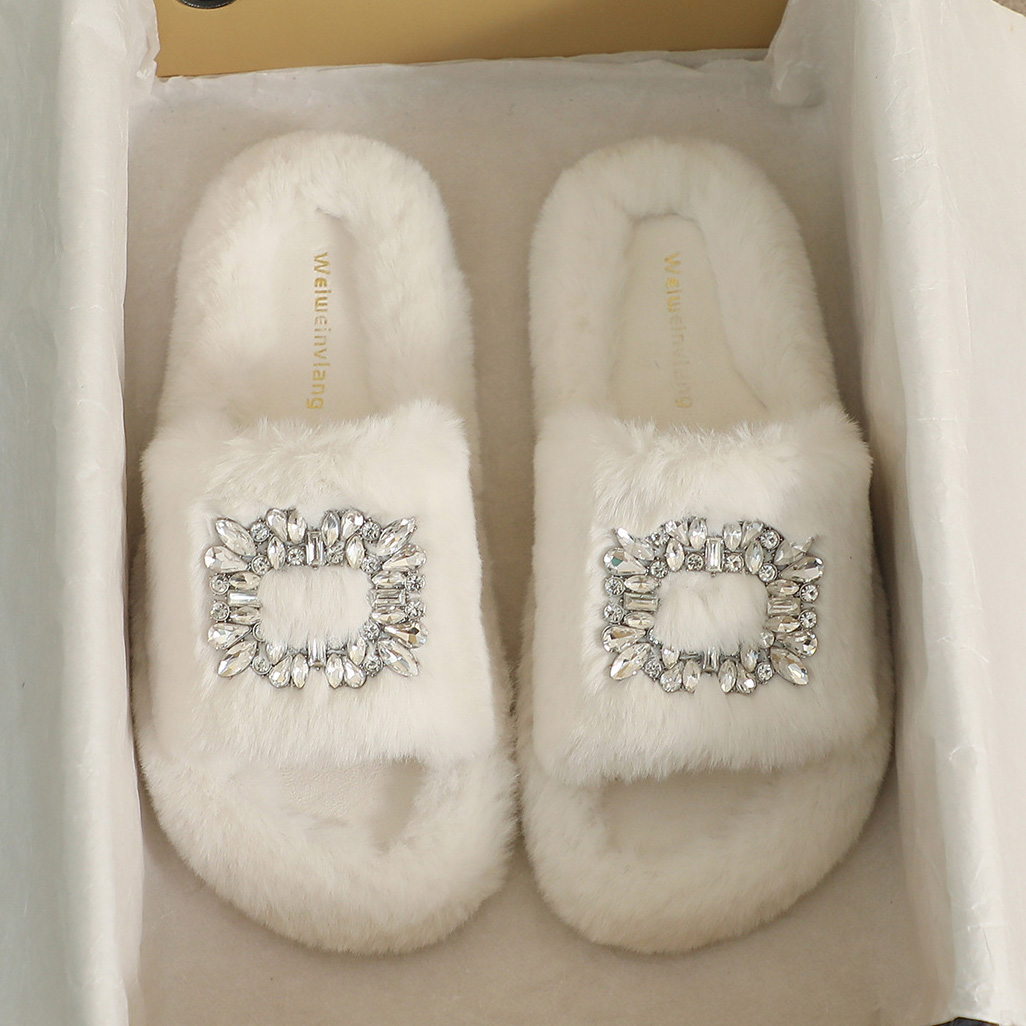 Square à boucle de boucle carrée, femmes confortables maison à poils Pantuflas femelles blanches en peluche furnes de glisse de chaussures 6803