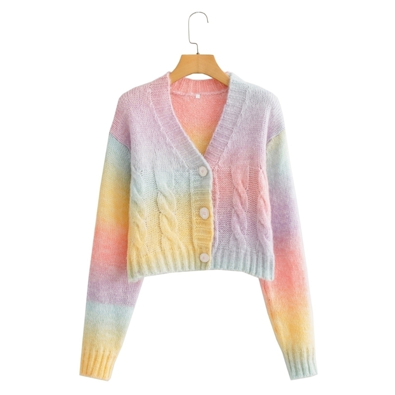 Pull à manches longues moelleuses avec femmes avec veste en tricot en v-à col en V et bouton veste arc-en-ciel de gamme de bouton 240903