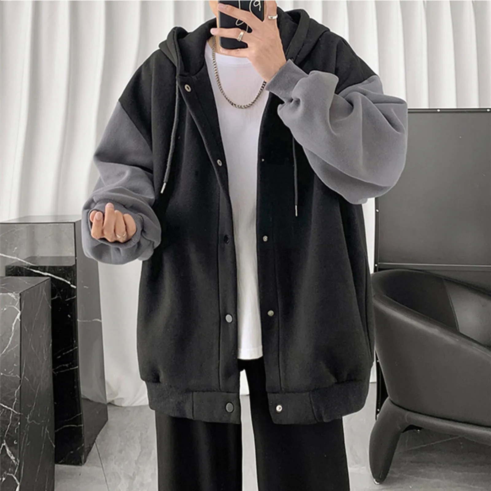 Autumn and Winter Mens Jacket Color Block Splicing Work Hoodie Plush Sportswear Coat Single layer Cold proof Thick Couples Coat 240902