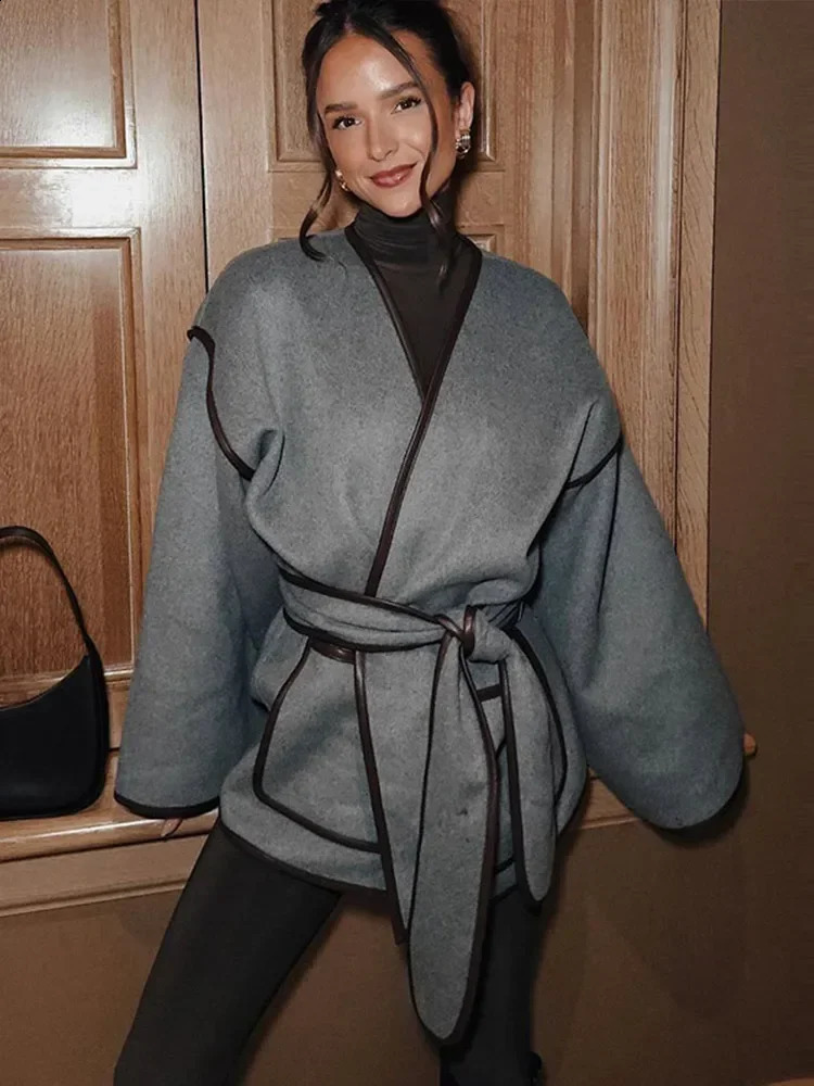 Elegant gray waistband jacket for womens casual V-neck comparison long sleeved pocket womens jacket 2024 autumn fashion womens oversized set 240902