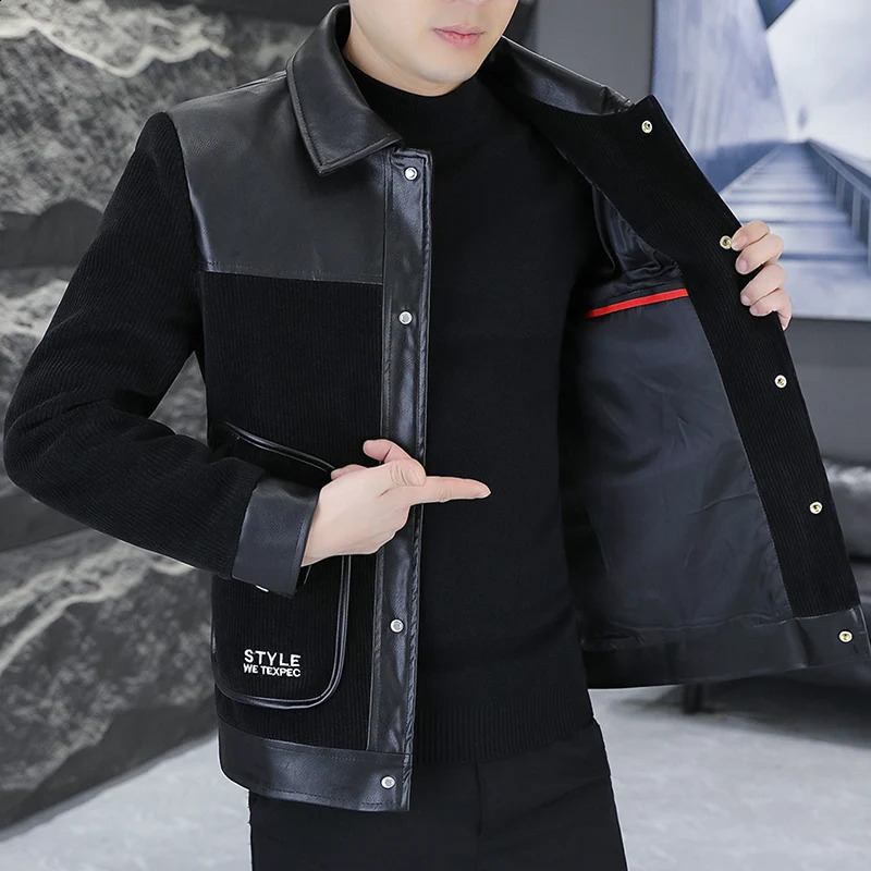 Mens plain weave jacket splicing work flip collar button jacket fashionable casual outdoor jacket high-quality mens clothing 240902