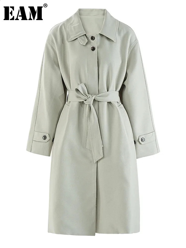 Womens Green Belt Elegant Large Size Long Trench Collar Long Sleeve Windproof Fashion Trend Spring/Summer 2024 CPG1795 240903