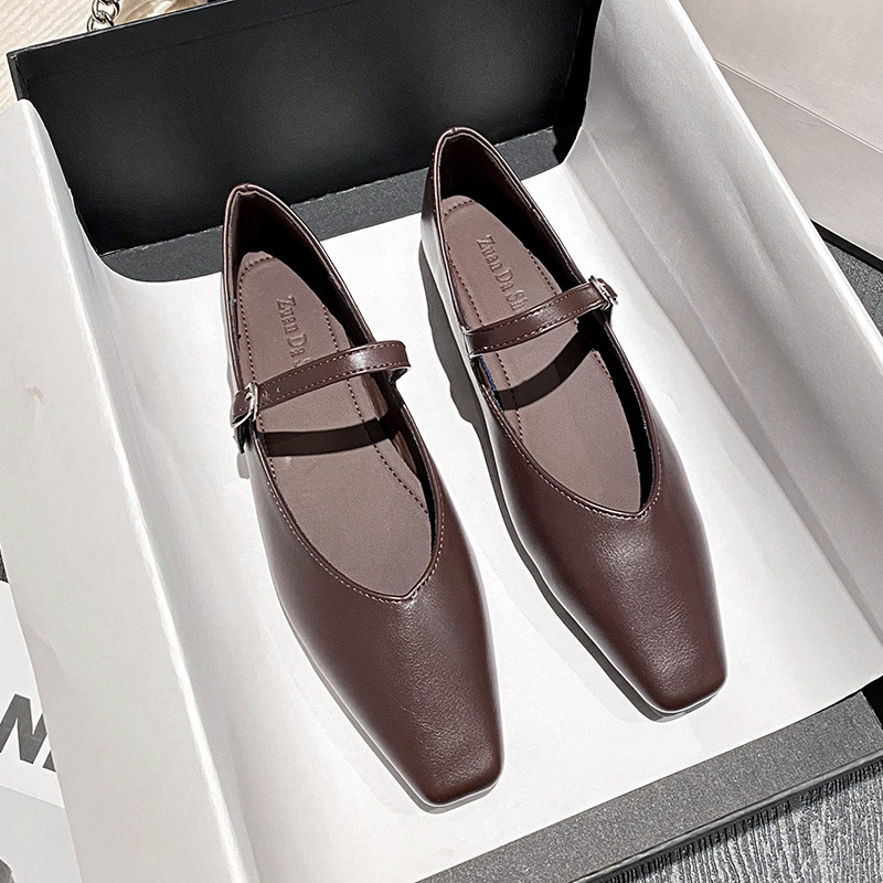 Bref couleur de couleur unie en cuir femme plate femme élégante chaussures de travail Mary Janes bracelet de cheville pointu