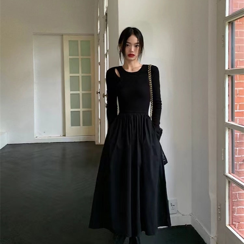 Retro hollow black dress womens autumn elegant Hepburn style O-neck Midi dress Y2K Harajuku Korean style patchwork one dress 240902