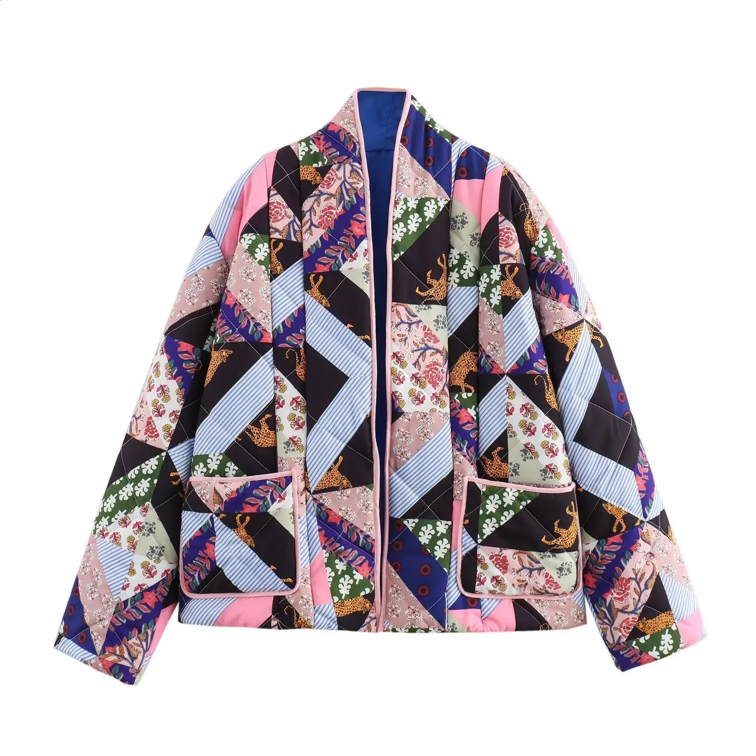 2024 autumn and winter womens clothing retro print loose casual versatile long sleeved pocket decoration cotton jacket 240903