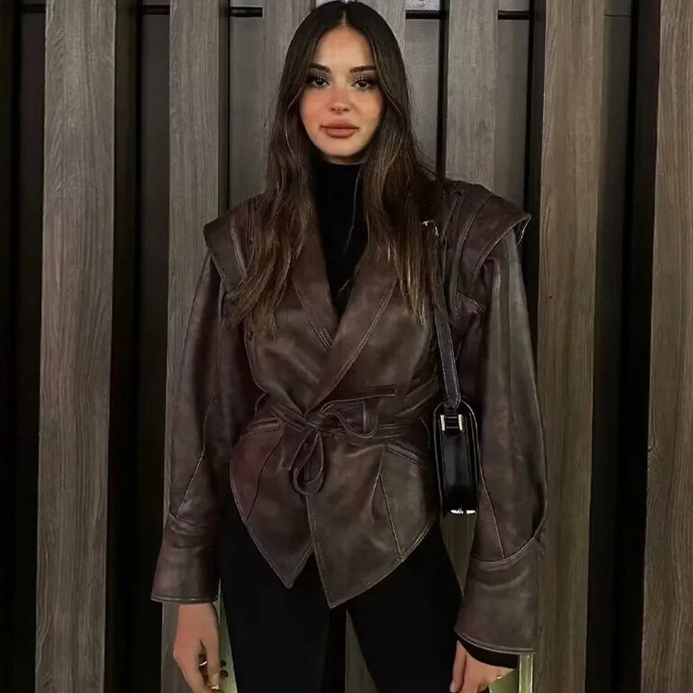 2024 autumn womens fashion casual slim fit simple and versatile temperature retro coffee brown leather jacket 240902