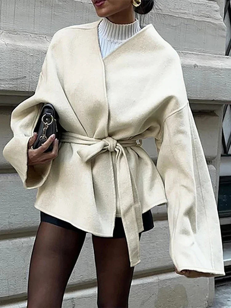 Solid womens wool coat elegant V-neck belt fashionable long sleeved jacket casual 2024 autumn womens office street womens coat top 240902