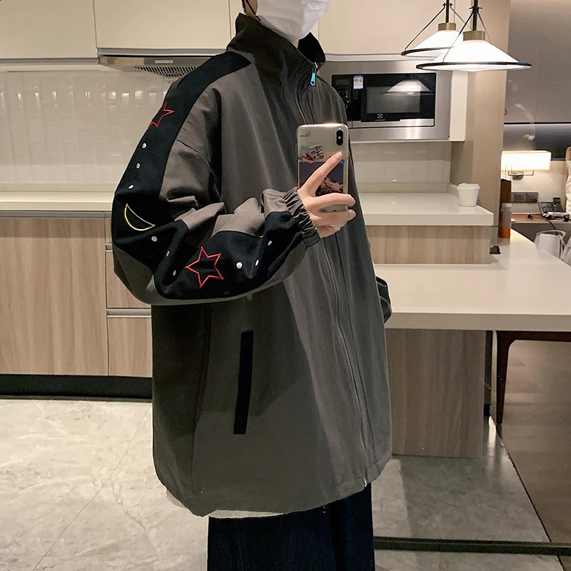 Mens autumn coat jacket patch workwear casual oversized mens standing collar pure cotton bomber womens streetwear 240902
