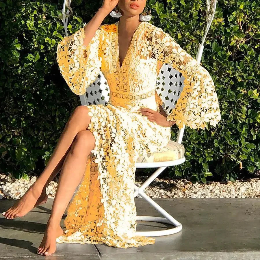 See through the hollow sexy long skirt womens summer long sleeved V-neck lace dress loose bohemian loose beach smoke 240903