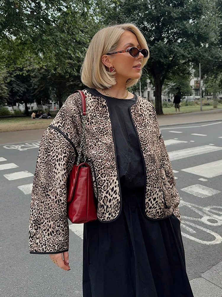 Fashion Leopard Printed Patchwork Coats for Women Casual Long Sleeve Loose Female Jacket 2024 Autumn Winter Pocket Outerwear 240903