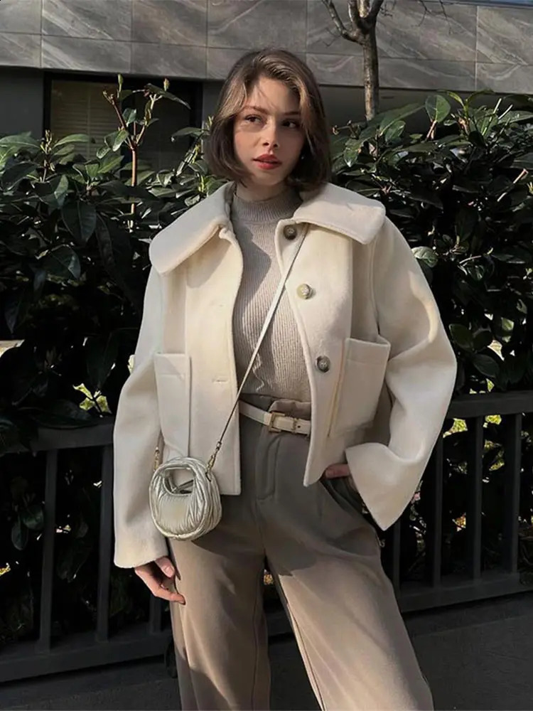 Autumn Winter Warm Lapel Collar Long Sleeved Womens Jacket Pocket Single Breasted Solid Casual Coat Ladies Street Outerwear 240903Z